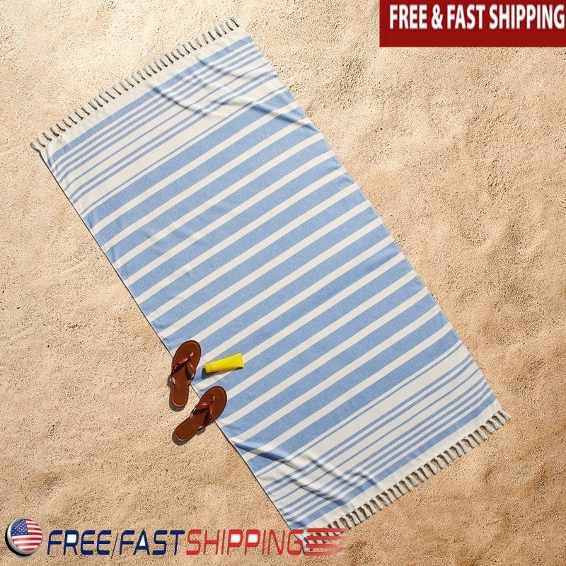 Oversized Blue Striped Beach Towel Set 2pcs Flatwoven Cotton & Recycled Polyester