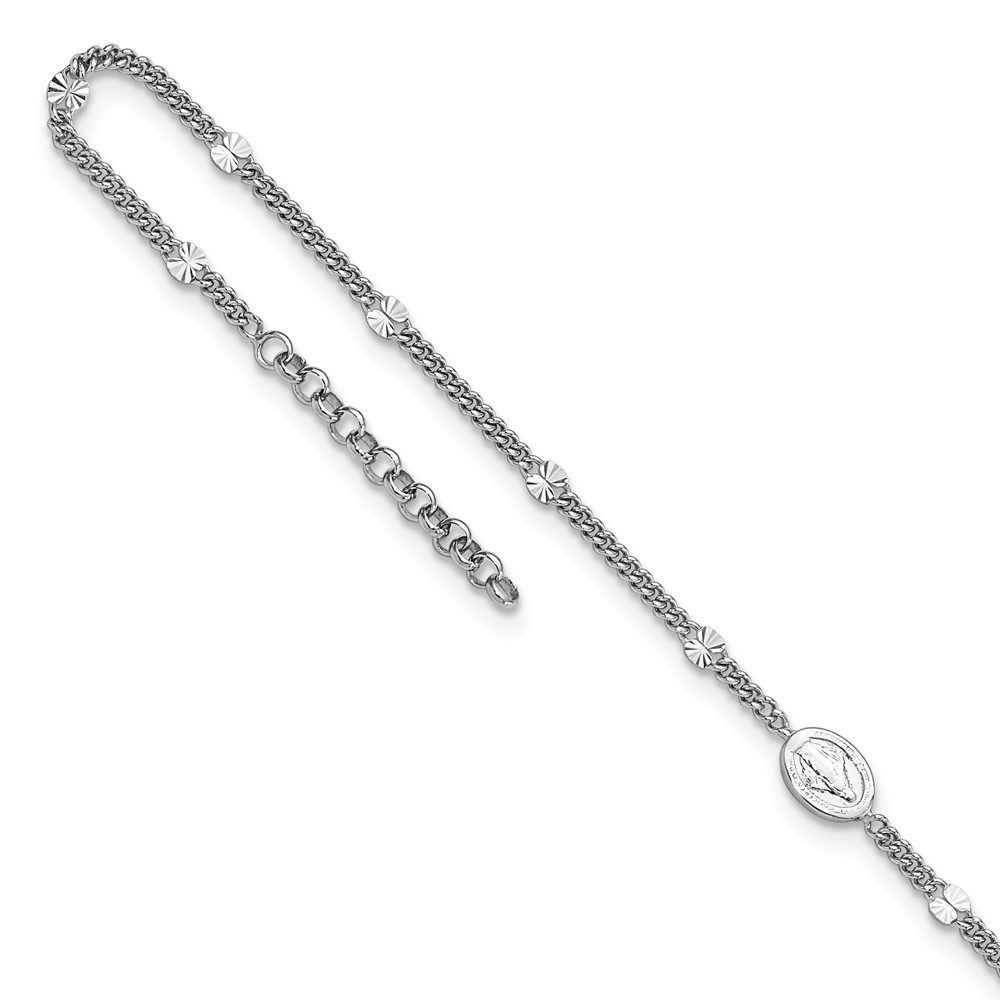 Sterling Silver Rhodium Plated Miraculous Medal Anklet 9 Inch with 1 Inch Extender 2.56 Grams