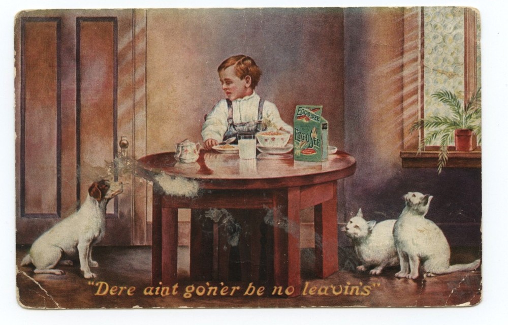 Tarjeta postal Egg O See Desayuno Cereal Negocios Niños Gatos Perro