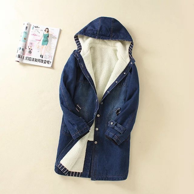 Women Winter Casual Long Jeans Jacket Fleece Lined Warm Denim Coat Hooded Parka