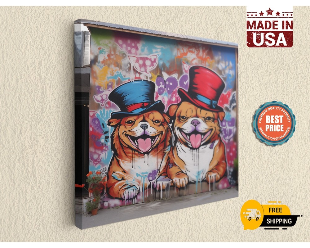 Graffiti Dogs with Hats Street Art Banksy on Canvas Print - Home Decor