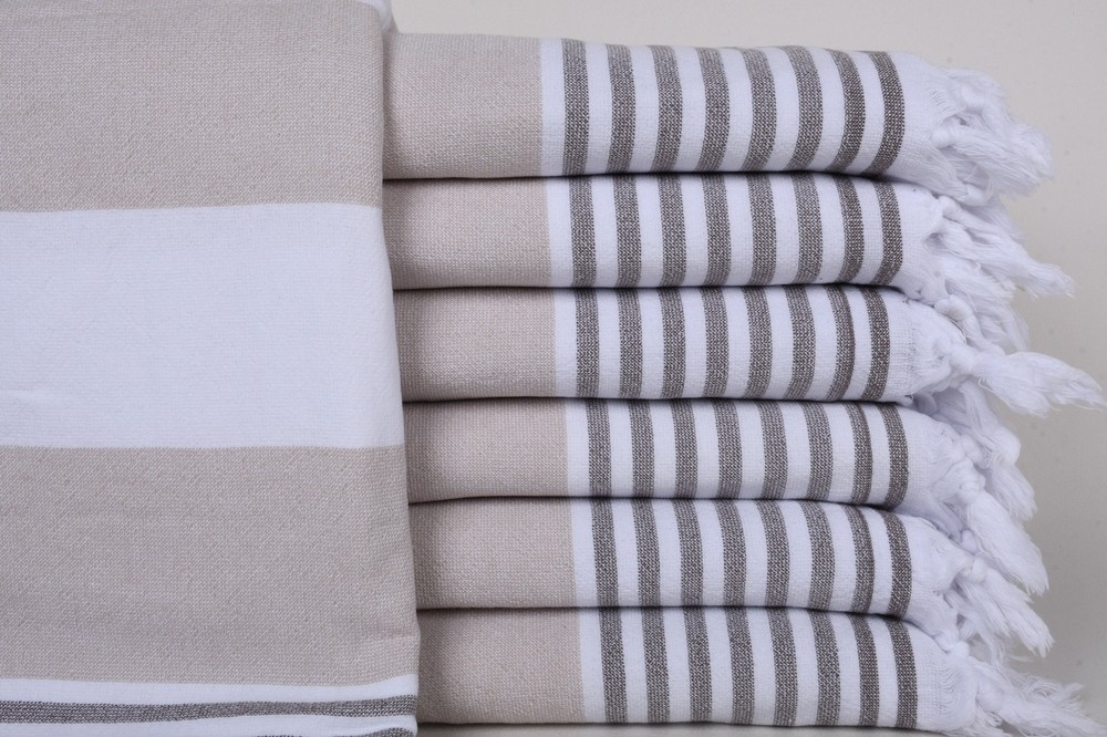 Beige-Brown Striped Turkish Terry Bath Towel 36x67 Inches