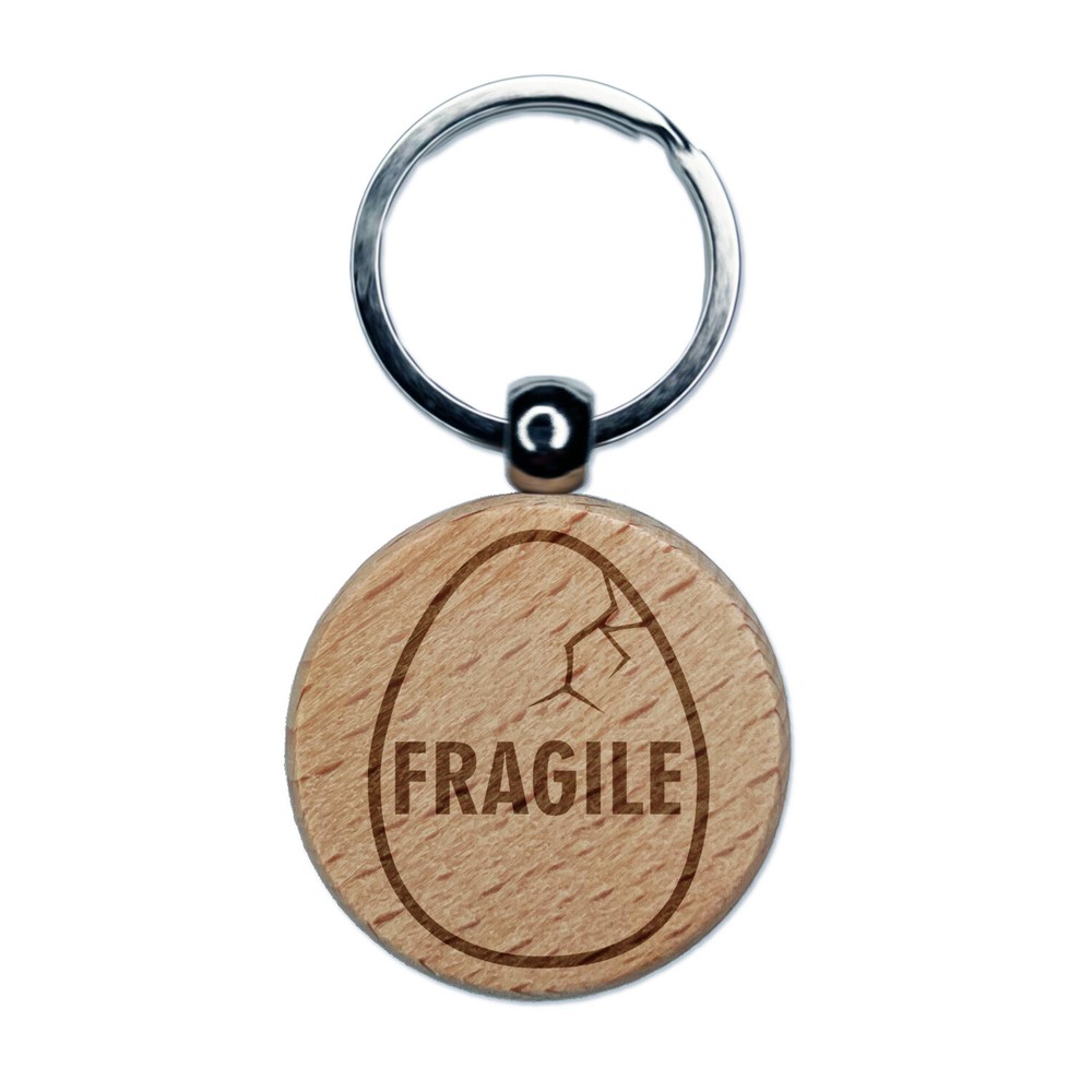 Fragile Cracked Chicken Egg Wooden Keychain Charm with Engraved Design  