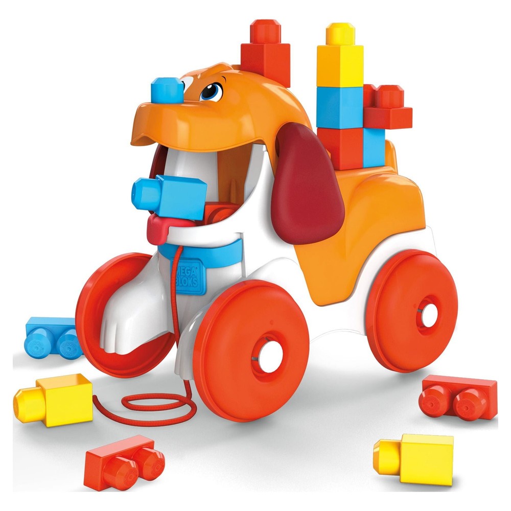 Fisher-Price Mega Bloks Pull-Along Puppy Building Blocks with Storage 16-Piece Playset  