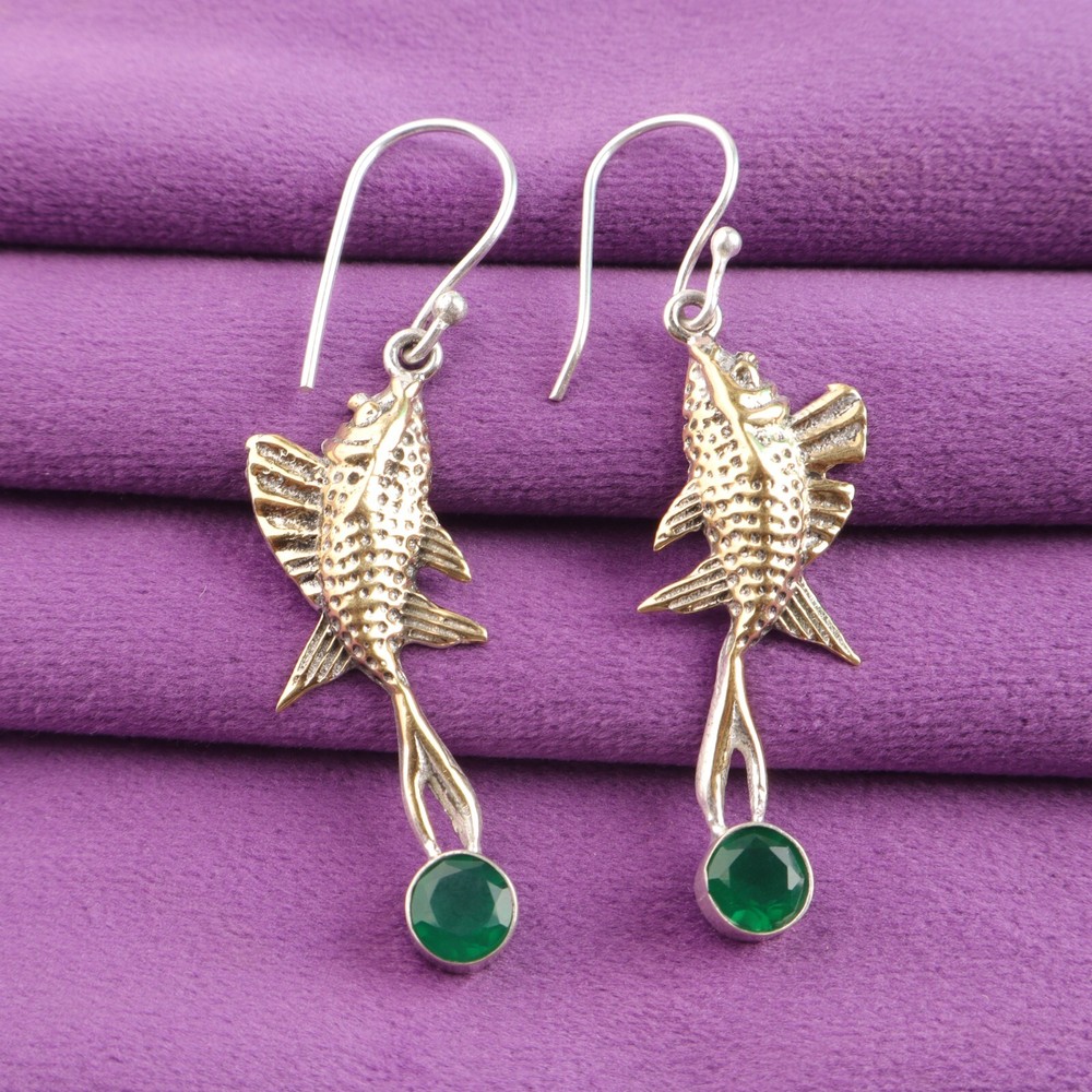 Green Onyx Stone Sterling Silver Art Deco Dangle Valentine Gift Earrings Jewelry