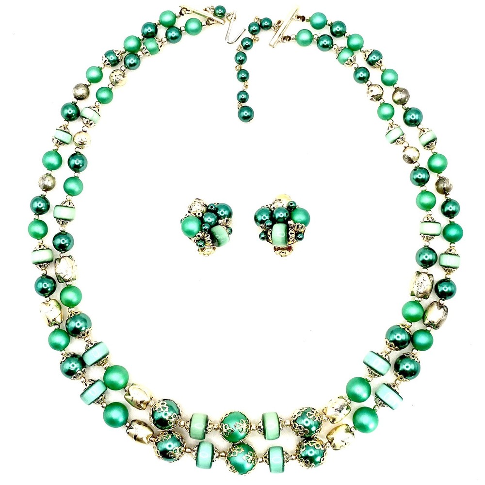 Vtg GoldTone Necklace Clip On Earring Set Filigree Green Satin Glass Beads Q
