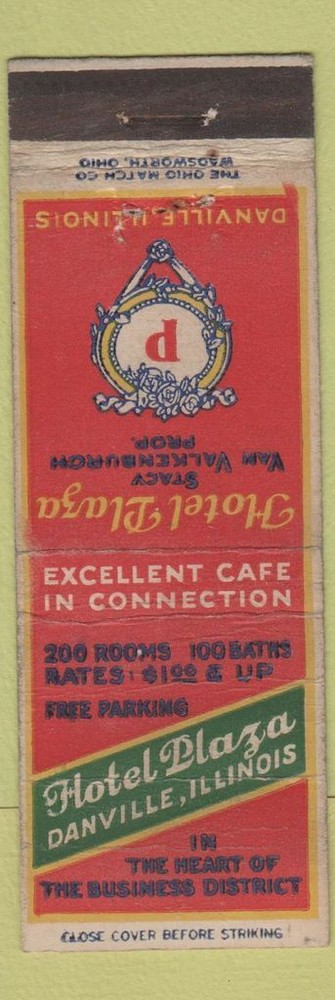Matchbook Cover Worn Hotel Plaza Danville Illinois Vintage Advertising
