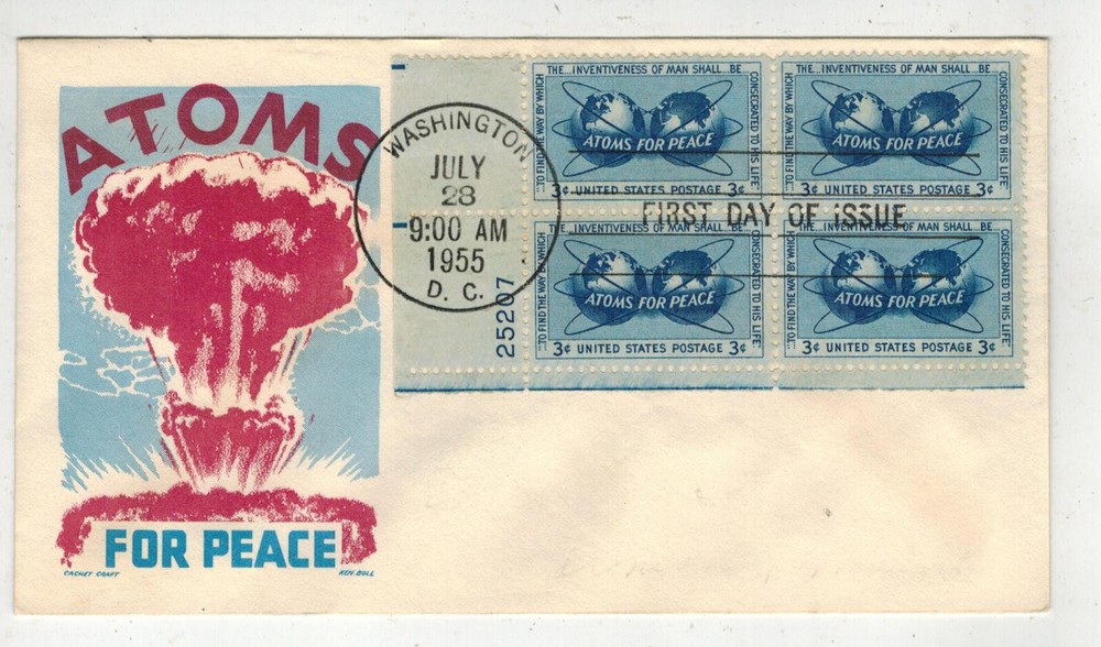 1950s Cachet Craft Ken Boll Plate Block FDC 1070 Atoms for Peace Stamps