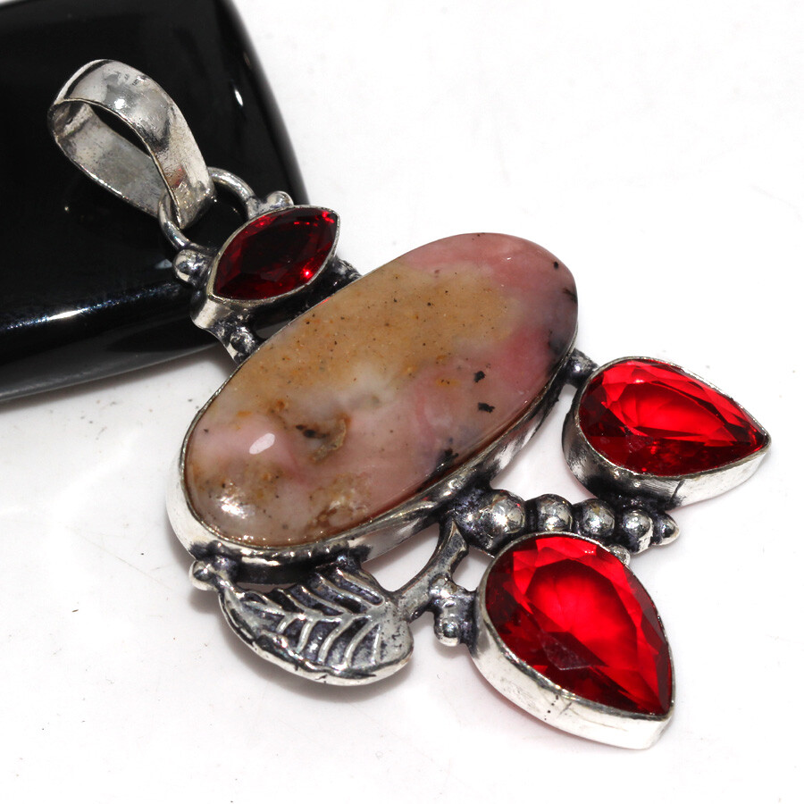 925 Silver Plated Peruvian Pink Opal Garnet Long Pendant Jewelry Size 2.1