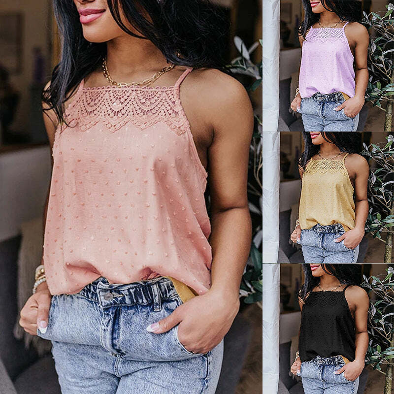 Summer Solid Color Lace Trim Casual Camisole Top for Women