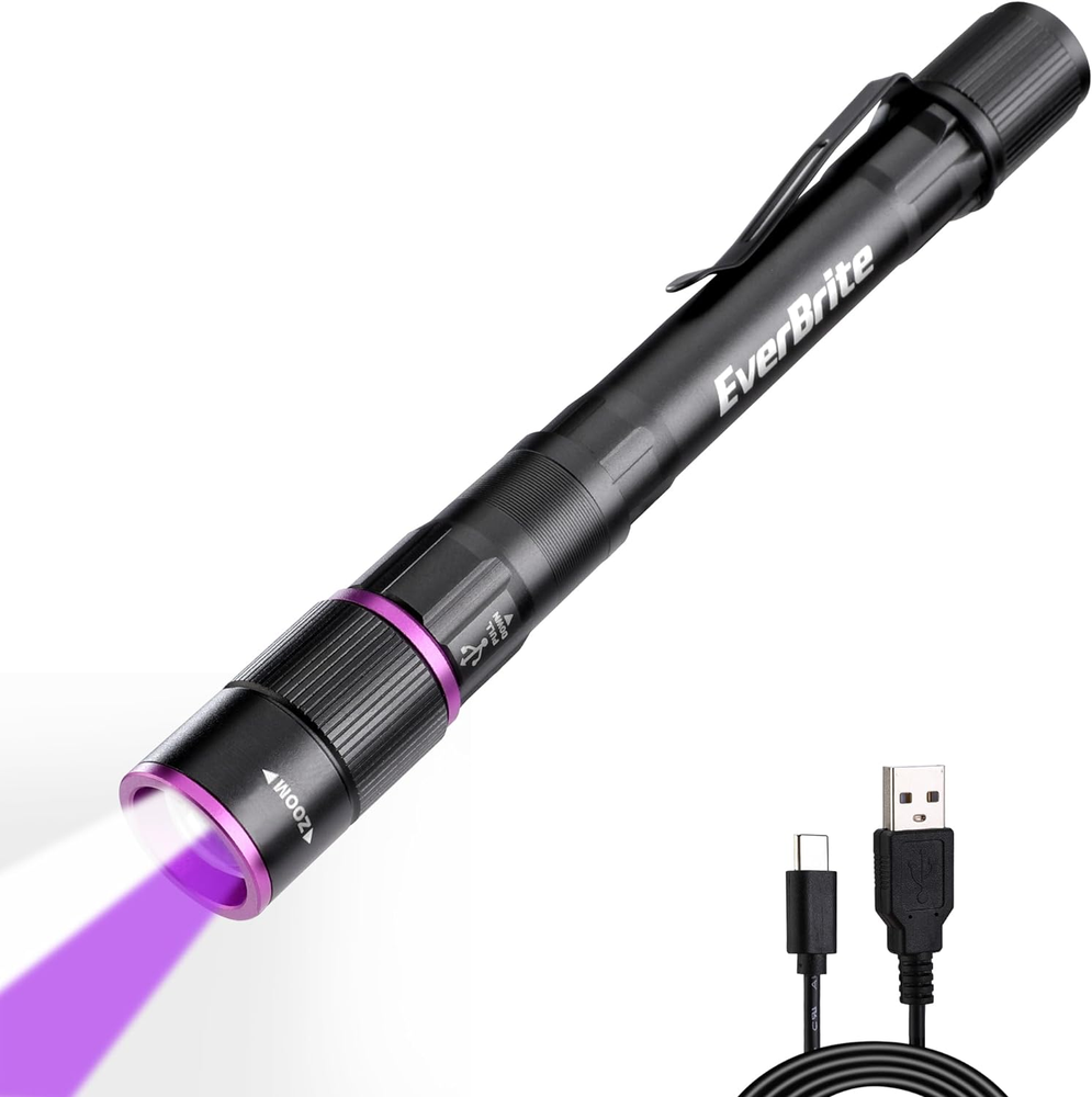 Rechargeable UV & White LED Pen Flashlight with Clip USB 395Nm Black  