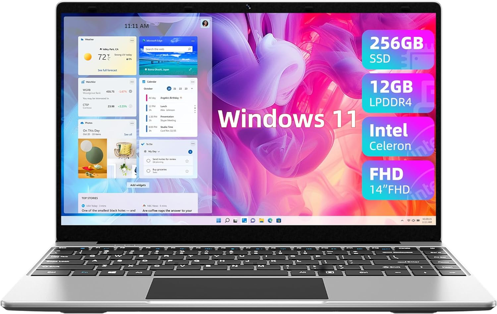 14 Inch FHD Laptop with 12GB RAM 256GB SSD Win11 Celeron 4-Core Processor