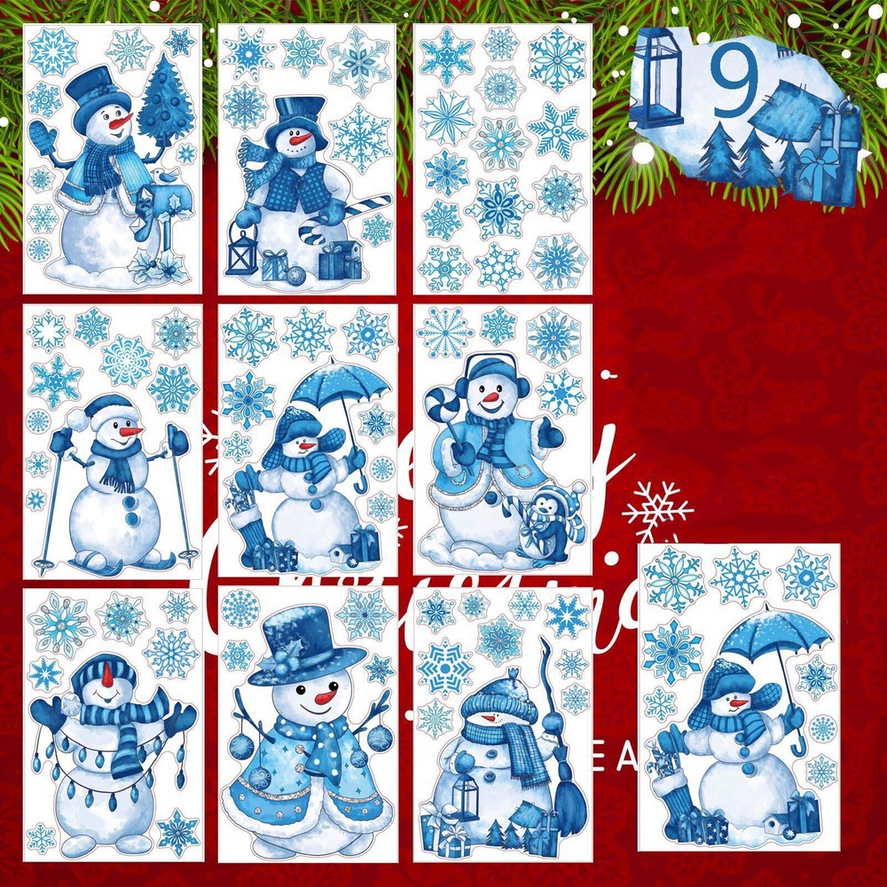2D Christmas Blue Snowman Snowflake Static Window Stickers Window Glass