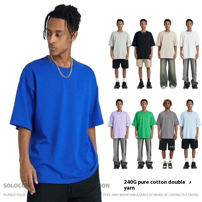 Cotton Blend Solid Short Sleeve Round Neck  Retro T-shirt for mens