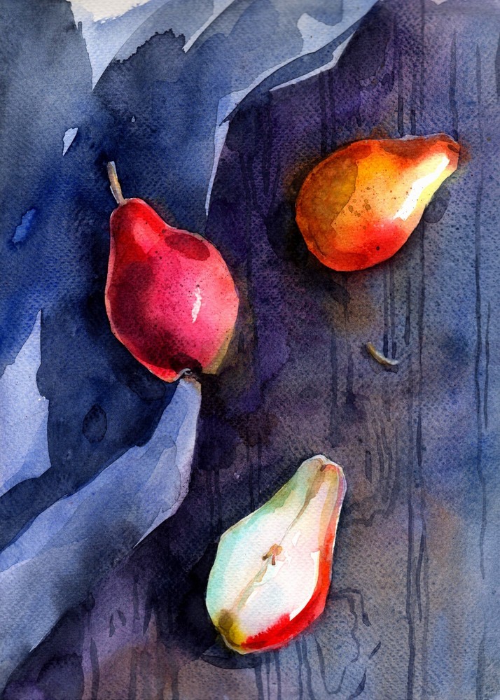 Original Watercolor Painting Pears Still Life Handpainted Wall Art