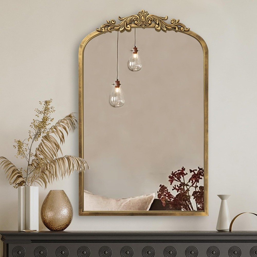 Vintage 30x19 Arched Baroque Wall Mirror Gold Walnut Frame Antique Style