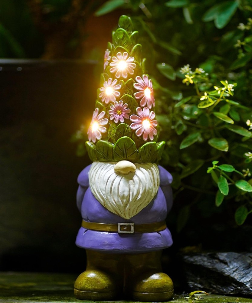 Nacome Solar Garden Outdoor Statues Gnome with Succulent and 7 LED Lights - L...