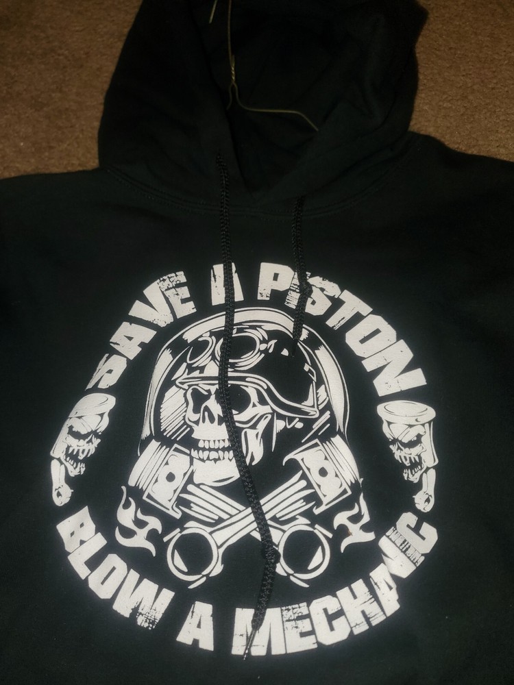 Hooded Sweat Shirt.mechanic.black.LG.save a Piston. with.pockets