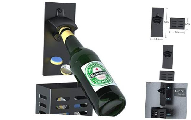 Powerful Magnetic Bottle Opener with Cap Catcher and Removable Wall Mount, Sleek Black Design for Easy Beer Opening and Storage