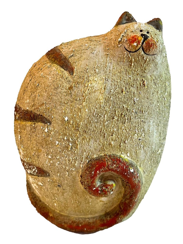 Vtg Fat Cat Still Bank Piggy Coin Band Red Art Pottery Ceramic Clay Novelty 6”