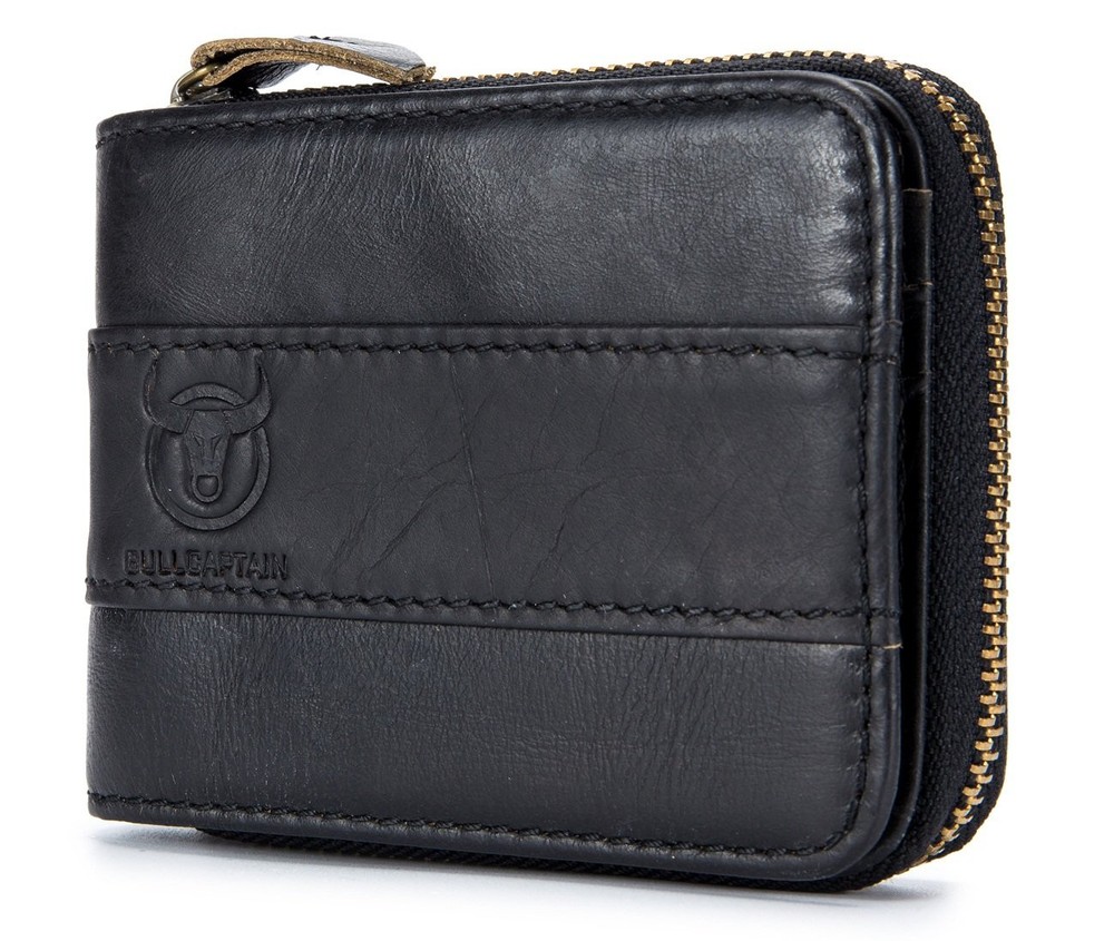 Men's Black RFID-Blocking Leather Wallet with Zipper & Coin Pocket  