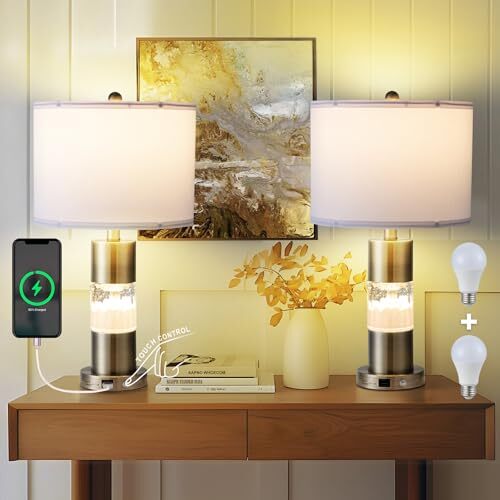 Set of 2 Gold Bedroom Lamp for Nightstands, Touch Table Lamps, USB TBYD2010*2