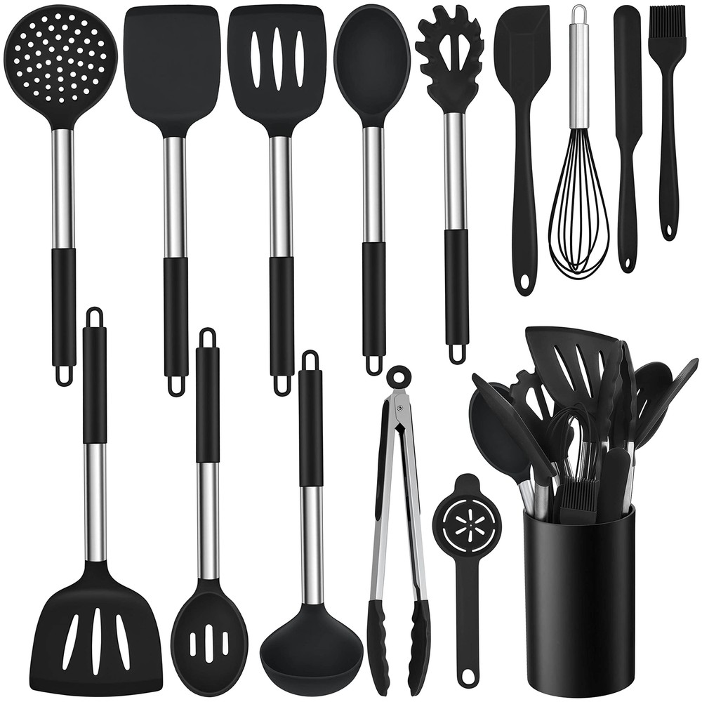 15 Pieces Kitchen Silicone Cooking Utensils Set with Holder, Black Silicone U...