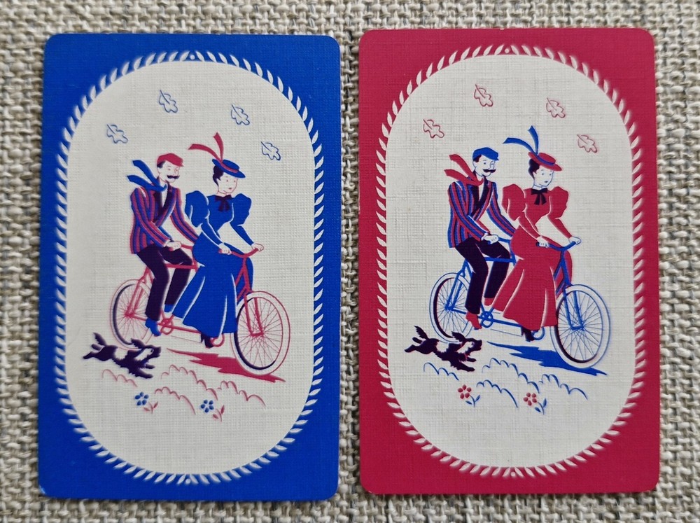 Pair Of Vintage Swap Playing Cards - Deco Couple Riding Tandem Bicycle Jokers