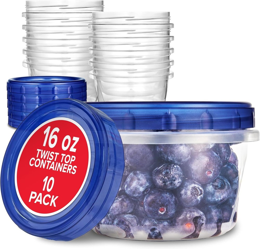 16Oz Twist Top Plastic Containers 10 Pack, 2 Cup Freezer Safe