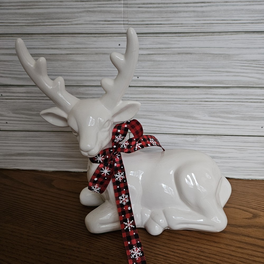 White Ceramic Christmas Reindeer Holiday Decor Laying