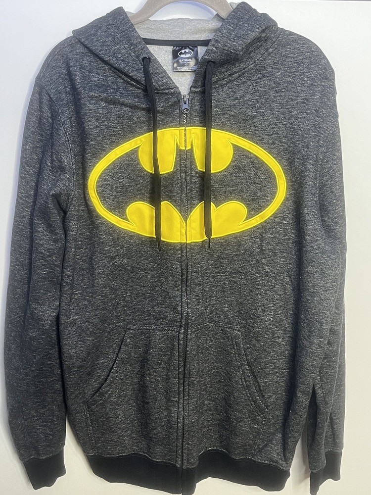 Batman Hoodie Jacket Mens L Gray  Logo Full Zip Street Wear Comic Con Cartoon