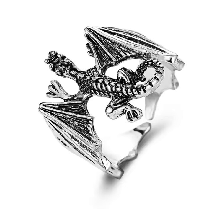 Silver Wing Adjustable Dragon Ring Vintage Gothic Punk Jewelry One Size Fits All