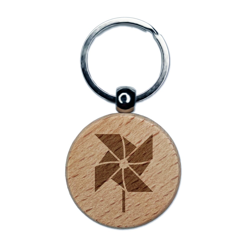 Pinwheel Toy Chinese New Year Engraved Wood Round Keychain Tag Charm