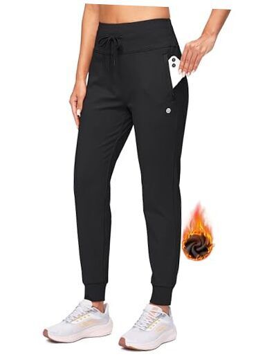 Women's Fleece Lined Joggers High Waisted Water Resistant Thermal Medium Black