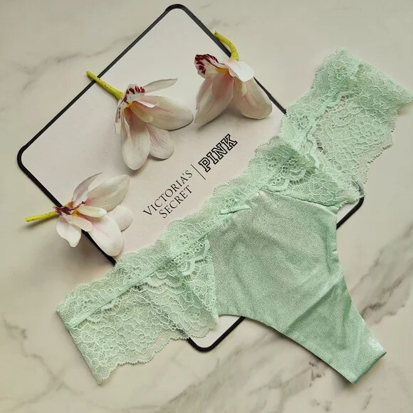 Victoria's Secret Dream Angels Lace-Trim Smooth Shimmer Thong Panty Misty Jade