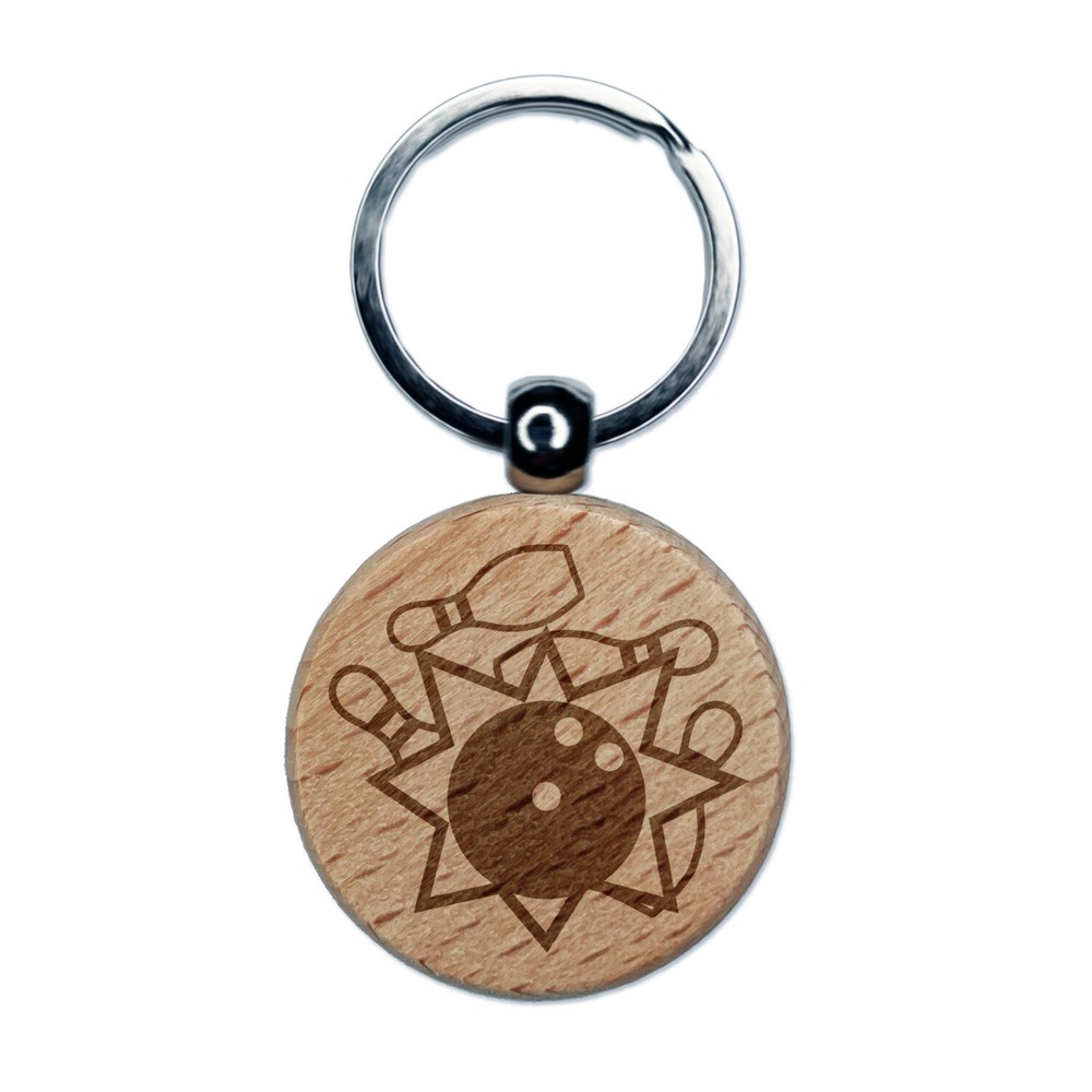 Engraved Bowling Ball Strike Pins Wood Keychain Tag Charm  