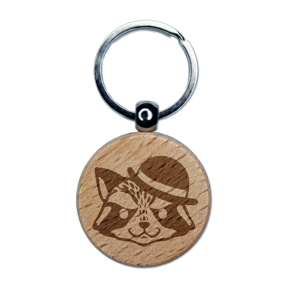 Raccoon Keychain with Derby Bowler Hat Engraved Wood Charm
