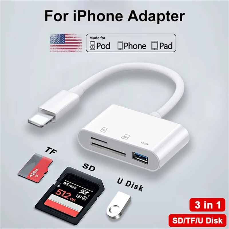 3 in 1 USB SD TF Card Reader Camera Adapter For iPhone 14 13 12 11 Pro Max 8 7+