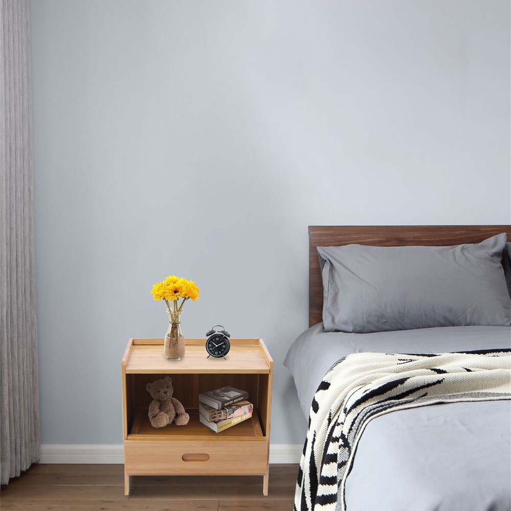 Bamboo Nightstand End Table With Storage Cabinet/Drawer For Indoor Bedroom Home
