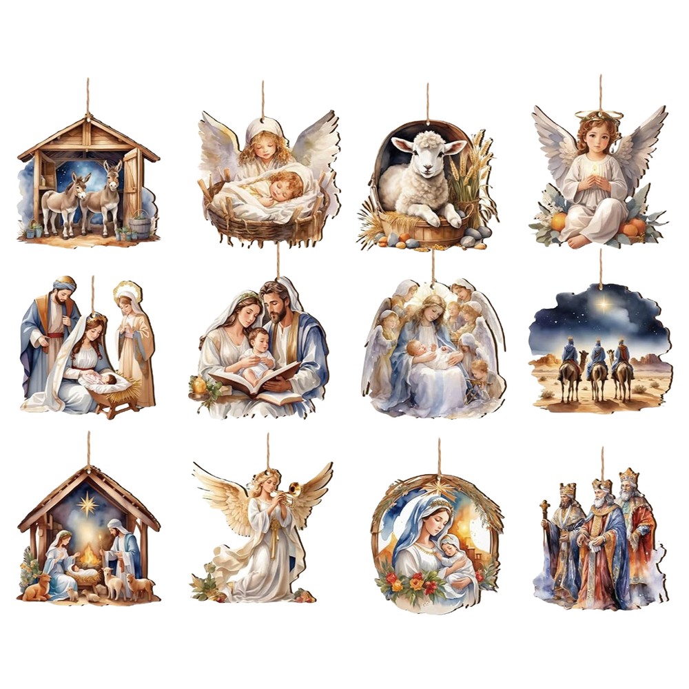 12X Christmas Carved Wood Keepsake The Birth Of Jesus Decor Christmas Tree Decor