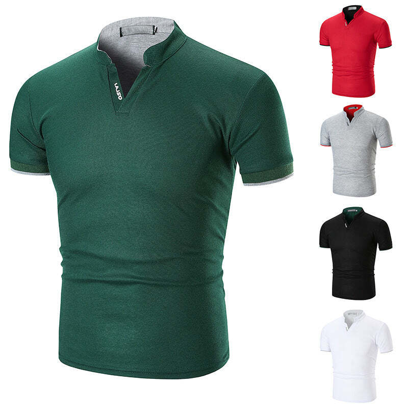 Summer New Men's Solid Color Cuff Striped Stand Collar Polo Shirt