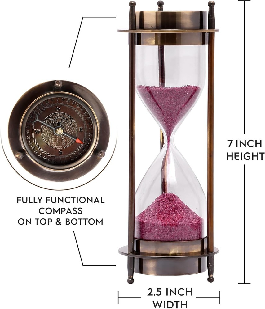 Antique Marine Brass Sand Timer Compass Nautical Maritime Desk Clock Decor Gift