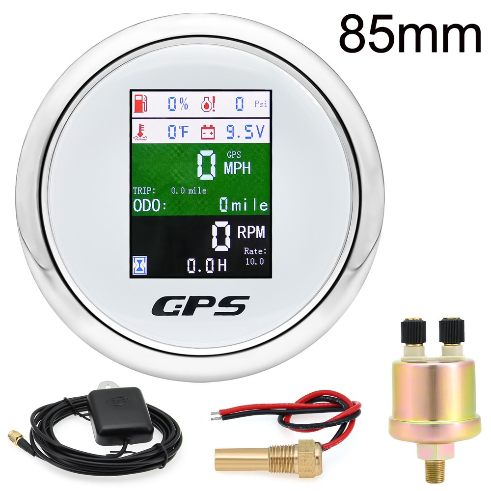 85mm 6-in-1 Marine GPS Speedometer Tachometer with Pressure Temp Fuel Gauge and Sender