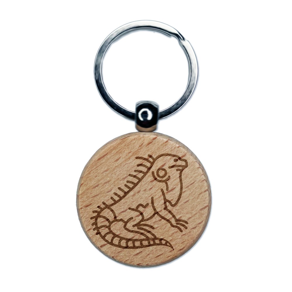 Lounging Lizard Iguana Engraved Wood Round Keychain Tag Charm
