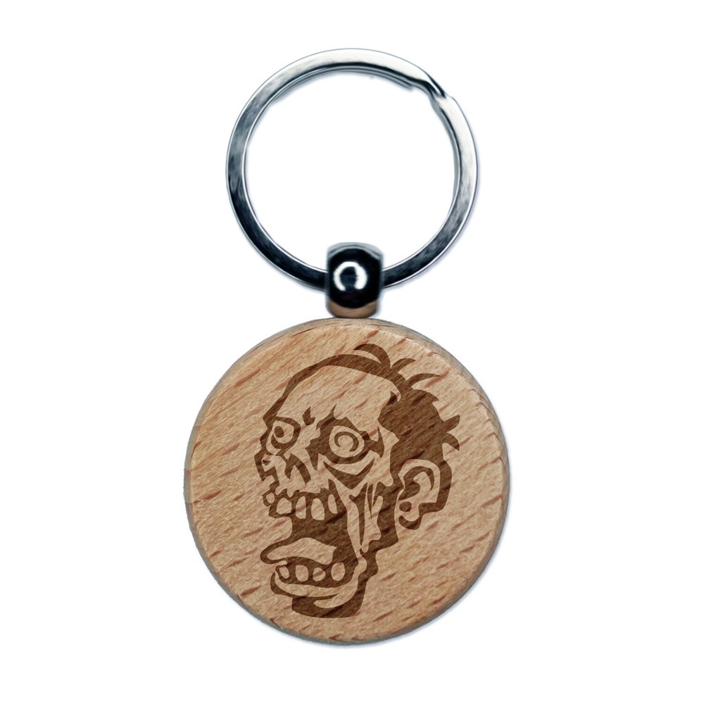 Zombie Undead Creepy Head Engraved Wooden Round Keychain Charm Tag