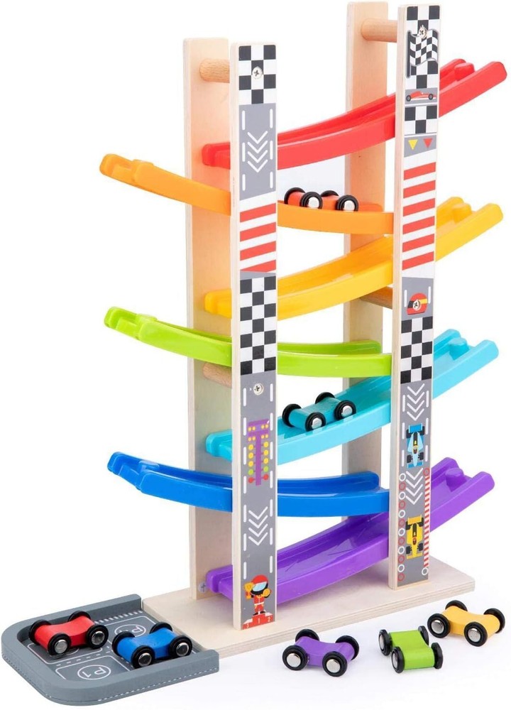 Toddler Toys, Wooden Car Ramp Racer Toy Vehicle Set with7 Mini Cars &Race Tracks