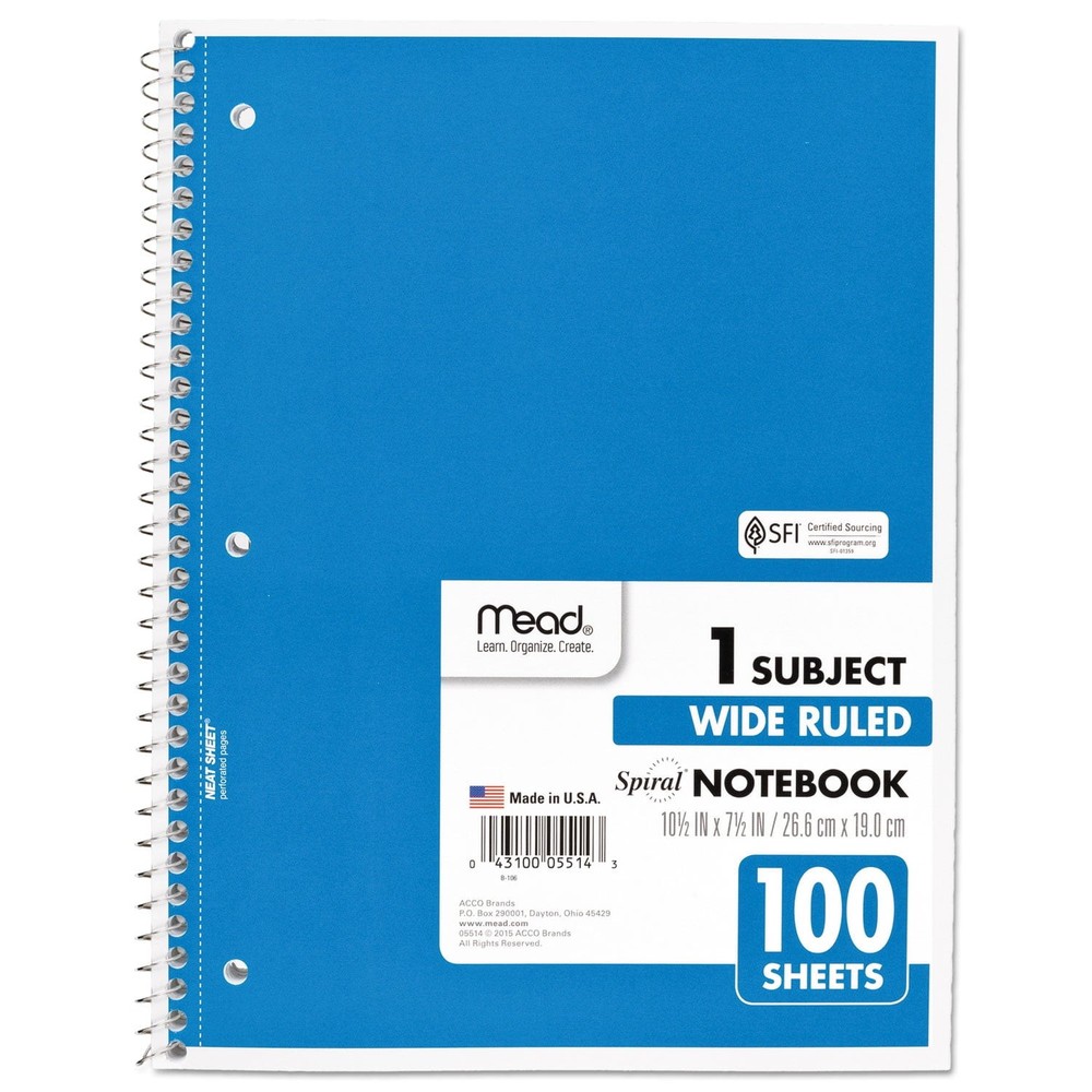 Mead Spiral Notebook,1-Subject,Wide Rule, 8 x 10-1/2, 100 Sheets