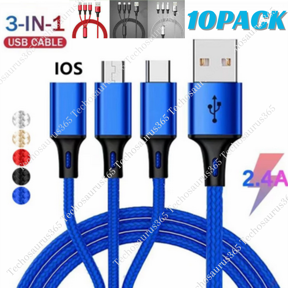 10 PACK 3 in 1 Fast USB Charging Cable Universal Multi-Function Charger Cord LOT