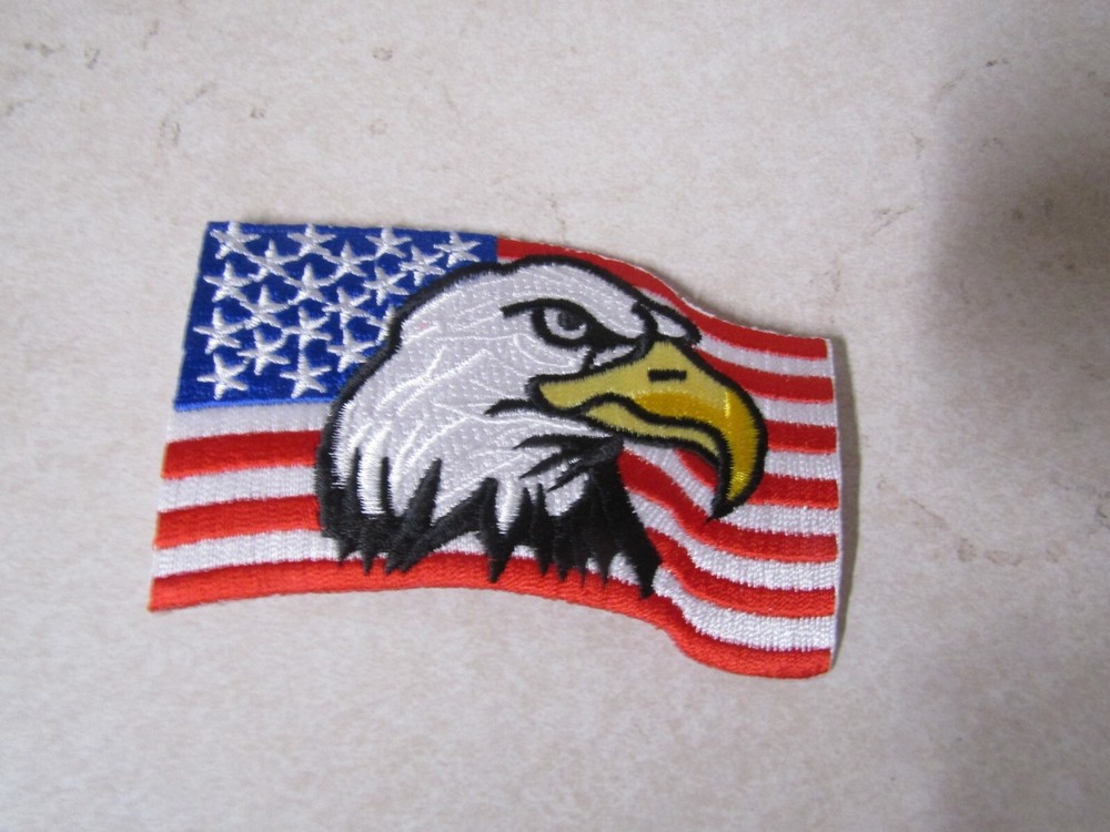 NOVELTY PATCH SEW ON RED WHITE AND BLUE AMERICAN FLAG & EAGLE FORWARD FACING