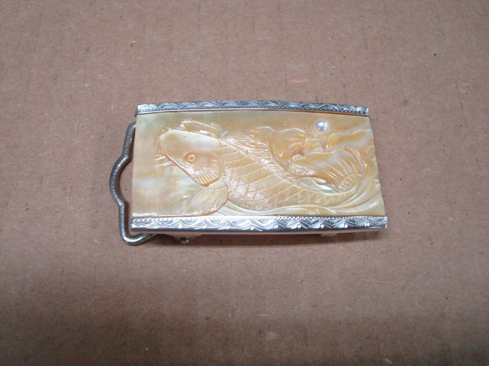 Vintage Carved Mother Of Pearl & Engraved Silver Belt Buckle, Koi Fish